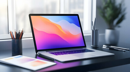 Fototapeta premium Modern laptop with abstract design on screen in home office setting.