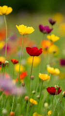 Fototapeta premium A vibrant field of colorful wildflowers with red, yellow, and orange blooms.
