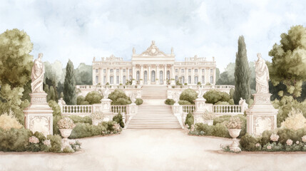Fototapeta premium Elegant neoclassical palace exterior with lush gardens and sculptures