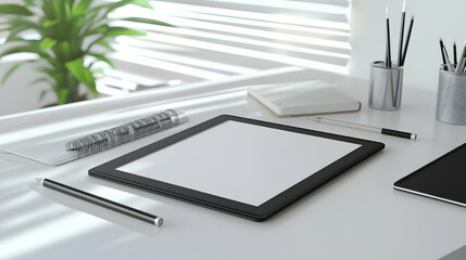 A blank tablet on a modern white desk with office supplies.