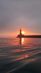 A silhouette of a lighthouse stands tall against a vibrant orange sunset, its beacon casting a warm glow over the calm water.