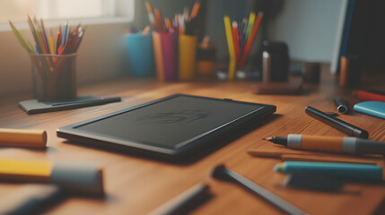 A tablet on a wooden desk with various drawing supplies and a window in the background.