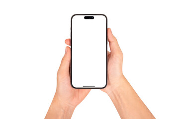 Hand showing smartphone with blank screen isolated on white background.