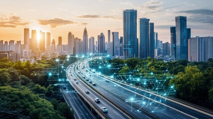 Highway with digital nodes, skyscrapers; symbolizes smart city transport connectivity.