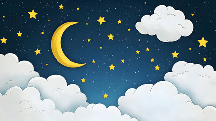 Fototapeta premium Cartoon crescent moon and stars in night sky with clouds.