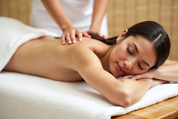 Obraz premium Woman receiving massage scene, woman-peaceful and setting-calm
