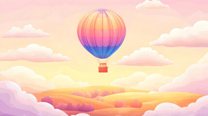 Fototapeta premium A colorful hot air balloon floats high in the sky over rolling hills at sunrise.
