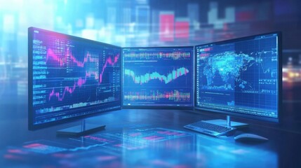 AI predicting stock market trends, showing data analysis on multiple monitors in a finance setting