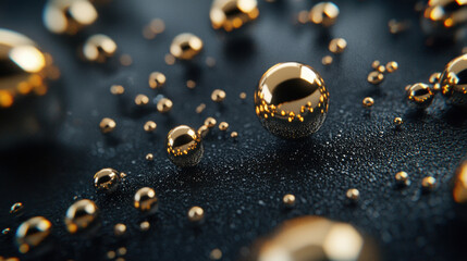 Detailed close-up of shiny golden spheres scattered on a dark surface.