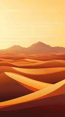Naklejka premium Golden sunset over vast desert landscape with rolling dunes and distant mountains.