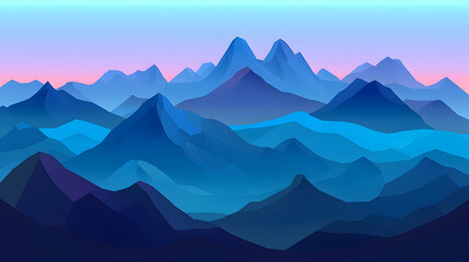 A beautiful, stylized, blue mountain range with hazy, purple, and blue sky in the background.
