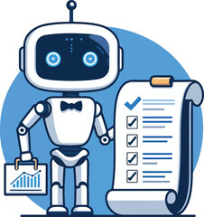 A robot with AI symbol holding data charts and documents points to a checklist on a scroll. Ideal for technology, artificial intelligence, data analysis, automation, and innovation. Simple vector art 