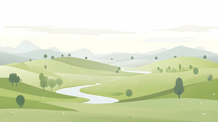 Naklejka premium Tranquil landscape with rolling hills, a winding river, and a misty sky.