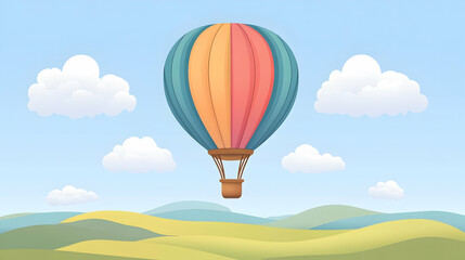 Fototapeta premium Colorful hot air balloon soaring above rolling green hills and white fluffy clouds on a bright blue sky.