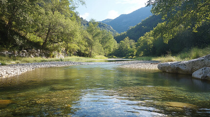 Fototapeta premium A clear, shallow stream flows through a lush valley on a sunny day. The water is crystal clear and reflects the blue sky and surrounding greenery