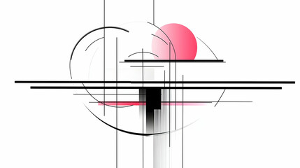 Abstract geometric design with black lines, circles, and a pink circle against a white background.