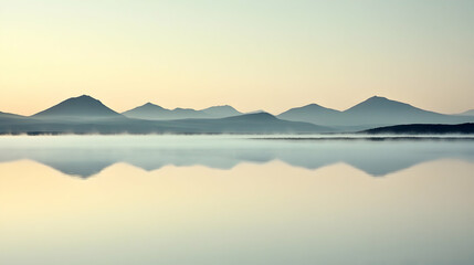 Obraz premium A serene landscape with mountains reflecting in a still lake at dawn, creating a sense of tranquility and peace.
