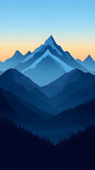 A majestic mountain range at sunrise, with a blue and purple gradient sky.