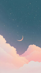 A crescent moon and stars shine through soft, pink clouds in a dreamy night sky.