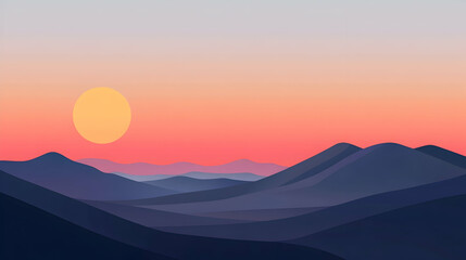 Fototapeta premium Silhouette of mountains against a pink sunset with a yellow sun.