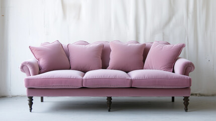 Fototapeta premium Pastel pink velvet pillow back sofa traditional vintage elegant furnishing pastel seating interior decor concept mockup classic style cozy ad layout 80s glam romantic millennial photoshoot scene