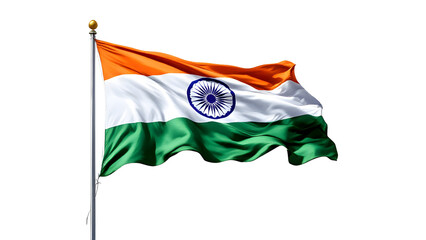 National flag of India on a flagpole, isolated on transparent background, png format.