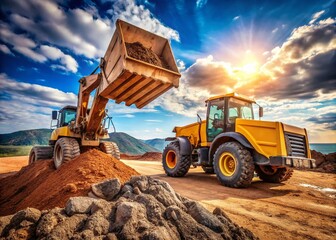 Obraz premium Heavy Wheel Loader Operating on Construction Site, Loading Soil into Dumper Truck Tipper with High Depth of Field, Showcasing Industrial Machinery in Action and Earthmoving Equipment