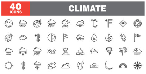 Set of 40 line icons climate. Outline icon collection. Editable stroke. Vector illustration.