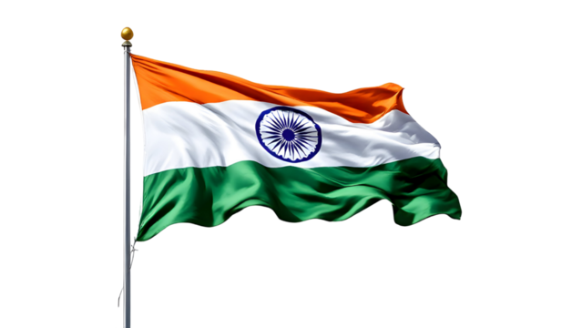 National flag of India on a flagpole, isolated on transparent background, png format.