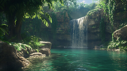 A serene scene of a secret waterfall tucked away in a dense jungle, with crystal-clear water splashing into a natural pool below 