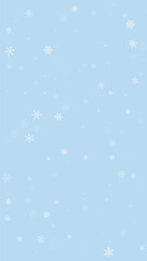 Falling snowflakes christmas background. Subtle flying snow flakes and stars on light blue winter backdrop. Beautifully falling snowflakes overlay. Vertical vector illustration.