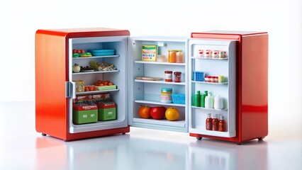 High Angle Tilt-Shift Photography of a Small Refrigerator Open and Closed on a White Background, Showcasing the Contrast and Details of Everyday Appliances