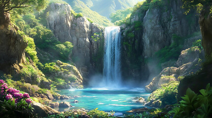 A stunning shot of a hidden waterfall emerging from rocky cliffs, with a small pool at the base and vibrant greenery surrounding it 
