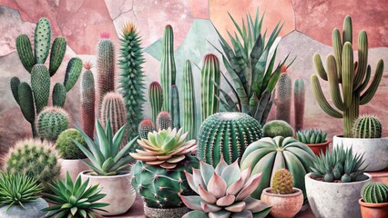 Obraz premium Abstract Collage of Cacti and Succulents on Textured Pink and White Background for Botanical Art Lovers