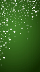 Magic falling snow christmas background. Subtle flying snow flakes and stars on christmas green background. Magic falling snow holiday scenery.   Vertical vector illustration.