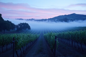 Obraz premium Fog Over Vineyard at Dawn: A vineyard in the early hours