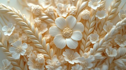 A close-up 3D outline of a single wheat stalk, with intricate wildflowers around it.