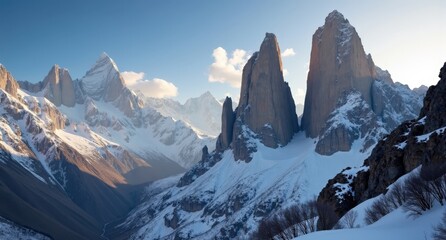 Trango Towers, Karakoram Range, Pakistan, towering granite peaks piercing a blue sky. Remote and dramatic mountain landscape, perfectly captured with Nikon D850 in natural light.