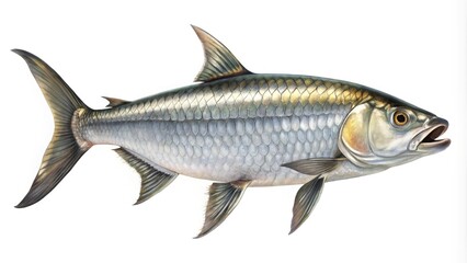 Fototapeta premium Aerial Photography of a Tarpon Fish on White Background - Aquatic Animal Illustration for Ocean and Marine Life Enthusiasts, Nature Lovers, and Educational Purposes
