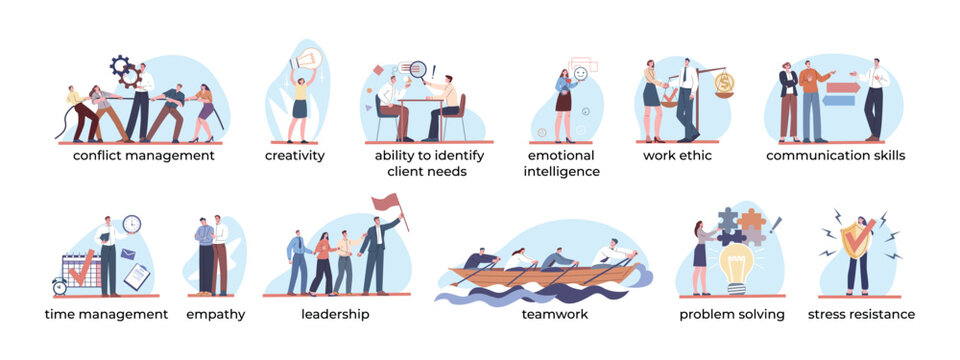 Soft skills characters. Individual abilities for corporate working, creativity empathy leadership teamwork emotional intelligence employees, kicky vector set