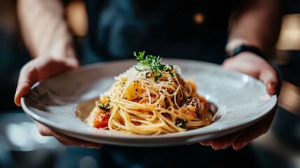 Hand presenting a gourmet pasta dish, fingers holding the plate to showcase the presentation.