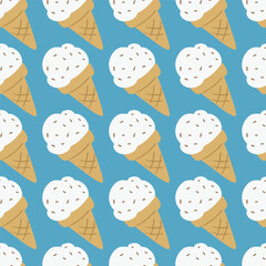Vector seamless pattern. ice cream in a horn with chocolate crumbs repeat texture on blue background. Summer vector ice cream illustration. 