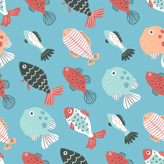 Vector hand-drawn funny fish seamless pattern. Sea repeat texture on blue background. Decorative fish print design for kids fabric or wallpaper.