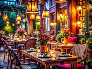 Intimate Low Light Restaurant Scene Featuring Elegant Table and Chairs, Perfect for Cozy Dining Atmosphere with Soft Lighting and Inviting Ambiance Ideal for Culinary Photography