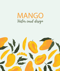 Summer mango fruit card design. Vector textured fruit design. Tropical and bright mango background with place for your text.