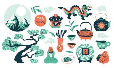 Vector Chinese tea ceremony collection in Flat trendy hand-drawn style. Set of various tea equipment for tea ceremony. Objects Isolated on white background. Teapot, cups and Chinese dragon.