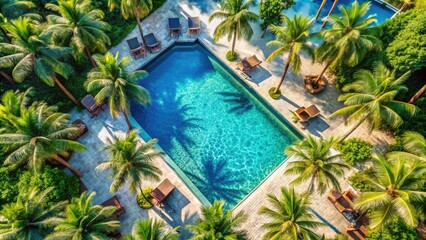 Aerial View of a Luxurious Swimming Pool with Palm Trees and Sunbeds for Relaxation in a Tropical Paradise, Perfect for Vacation, Resort, and Leisure Time Imagery