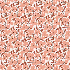 Vector ditsy floral seamless pattern in pink colors. Stylish flower print design. Pink texture in hand-drawn style with blossom branches.