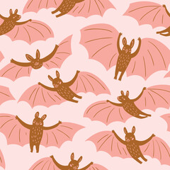 Cute flying bats in different poses.Vector hand-drawn seamless pattern design for fabric, wallpaper or wrapping paper. Kids print.