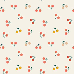 Vector simple cherry seamless pattern in light delicate colors. Fruit repeat texture for lingerie. Cherry fabric design.